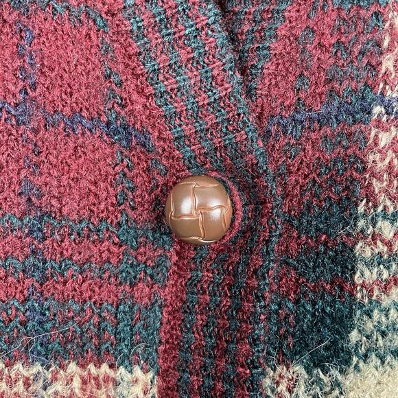 VTG 80s Grandpa Sweater Cardigan Size L Burgundy Plaid Wool Blend Leather Button - Picture 6 of 11